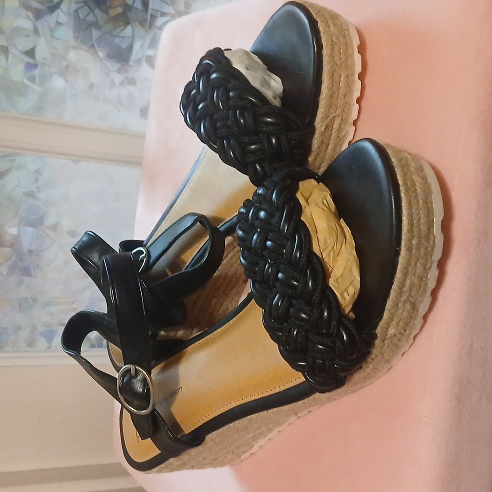 Black Faux Leather Espadrille Sandals with Braided Strap